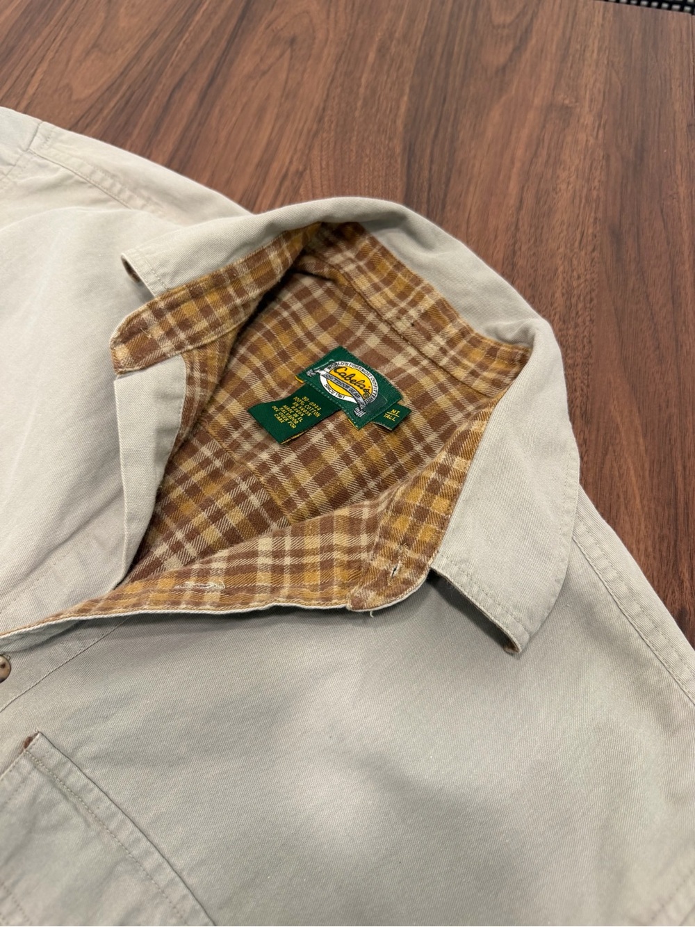 Cabela's Men's Light Beige Button-Up Shirt with Brown Plaid Lining